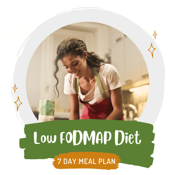 cover image of woman cooking for low fodmap diet meal plan