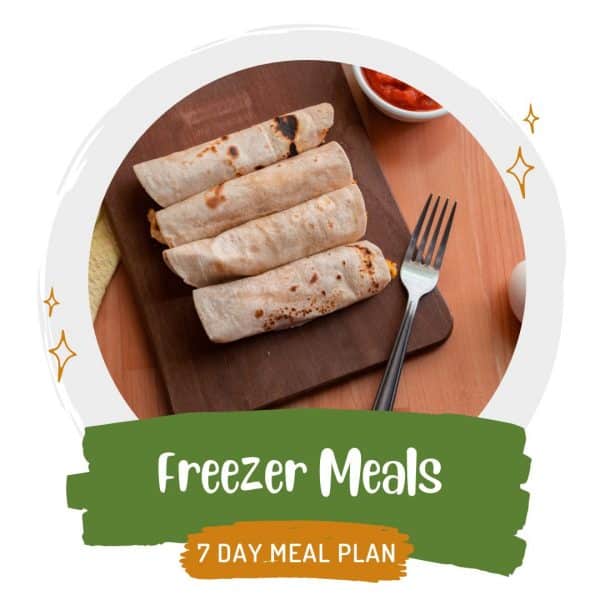 cover image for freezer meal plan showing burritos