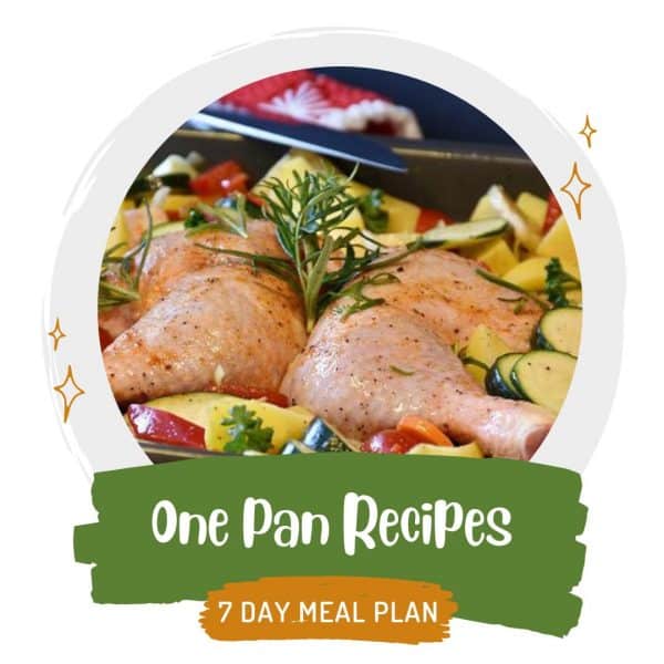 cover image for one pan recipes meal plan showing chicken and vegetables on a sheet pan