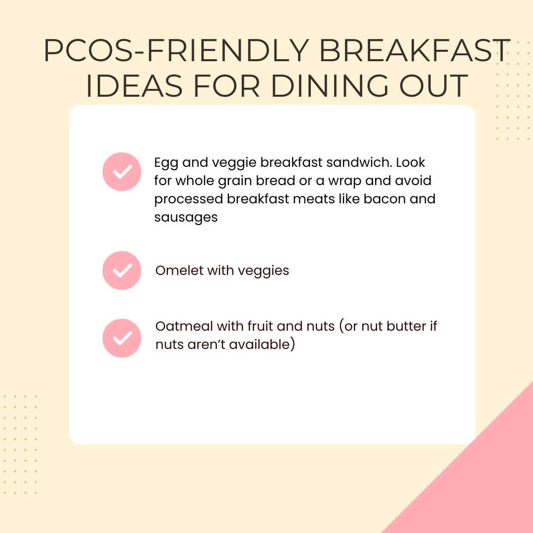 graphic showing list of pcos-friendly breakfast ideas for dining out
